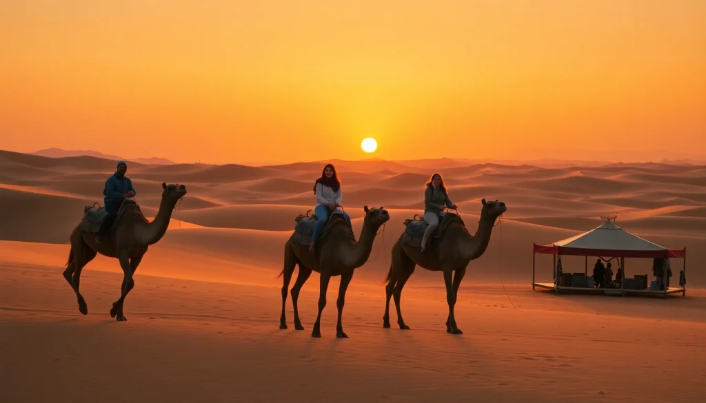Marrakech camel ride and quad biking adventure in Agafay Desert at sunset, showcasing tourists on camels against golden dunes.