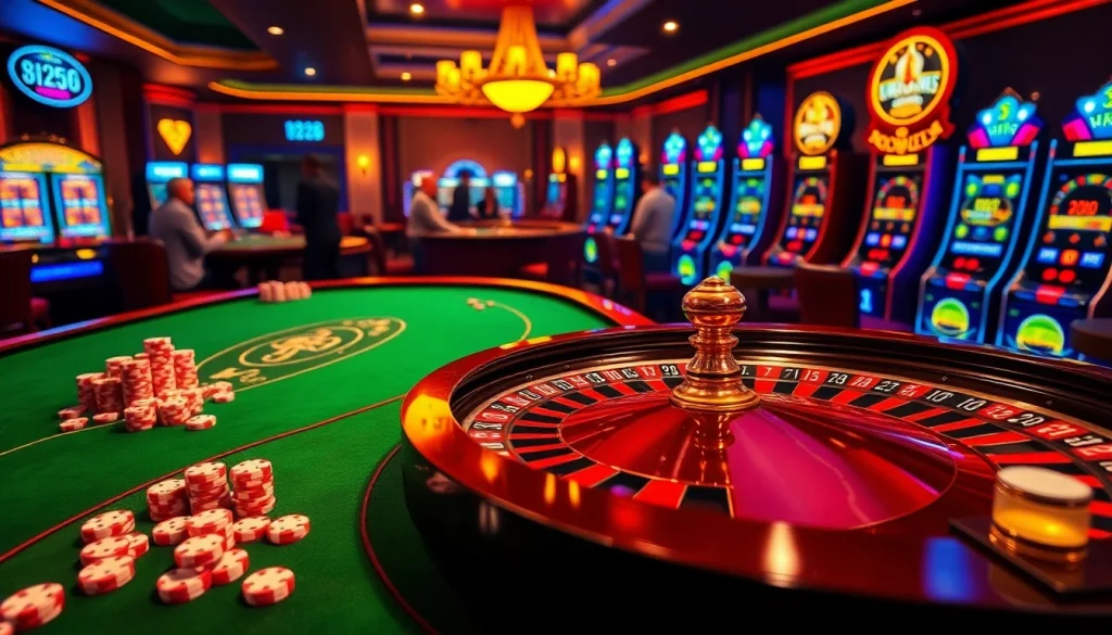 Immersive gambling experience at 123B casino featuring poker chips, roulette wheel, and vibrant online interface.