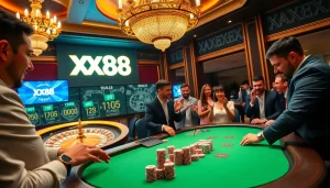 Players celebrating wins at the XX88 poker table amidst a vibrant casino atmosphere.