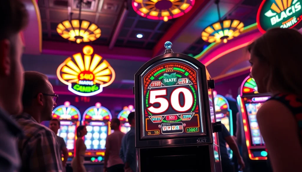 Slot bet 50 pada mesin slot yang cerah dengan ukuran besar dan pemain yang ceria.