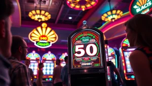 Slot bet 50 pada mesin slot yang cerah dengan ukuran besar dan pemain yang ceria.