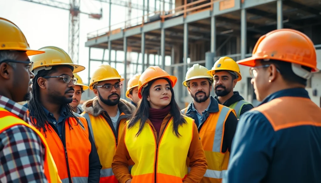 Engaging construction safety training session with workers and instructor demonstrating safety measures.