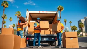 San Diego Mover team efficiently loading a truck with moving boxes in sunny urban setting.