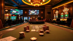 i9bet players enjoying a thrilling casino game with cards and chips in a luxurious setting.