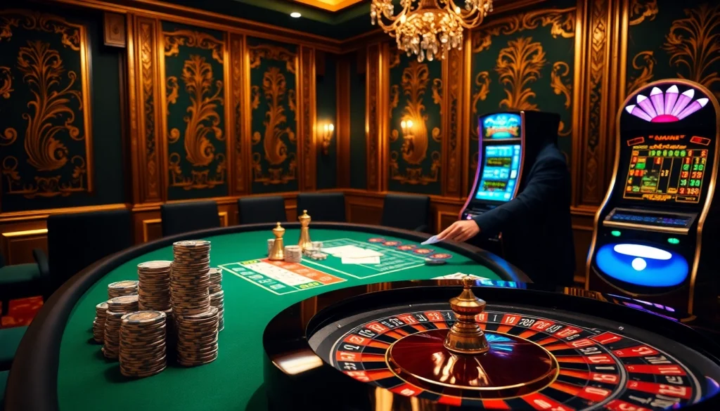 Experience thrilling gameplay at rr88 with poker chips and a roulette table in a luxurious casino.