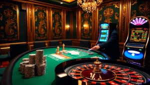 Experience thrilling gameplay at rr88 with poker chips and a roulette table in a luxurious casino.
