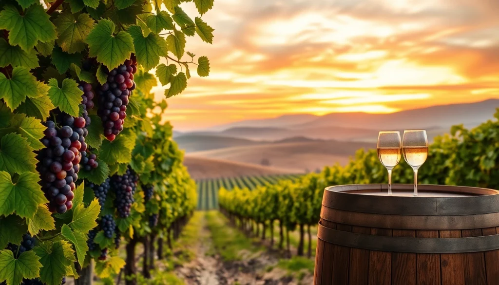 View of clarksburg wineries during sunset with grapevines and wine glasses on a rustic table.