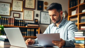 Engaged agriculture lawyer reviewing legal documents in a warm office setting.