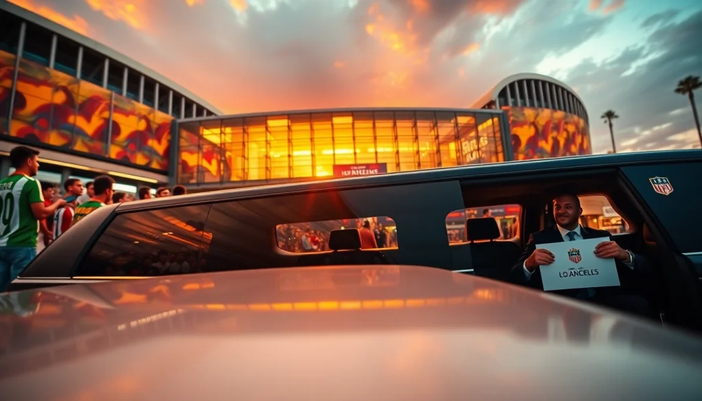 World Cup Group Transportation in a luxury limousine outside a stadium with excited fans.