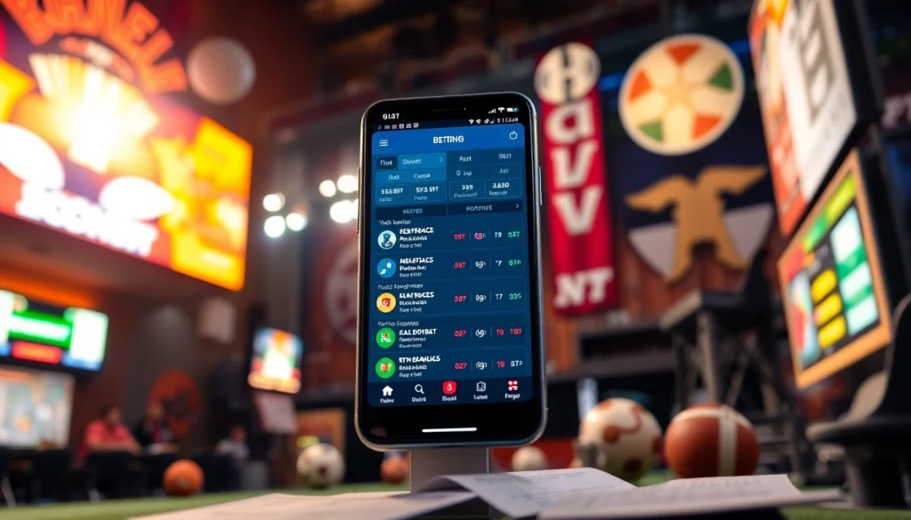 Engaging sports betting California scene showcasing popular betting apps and lively sports elements.