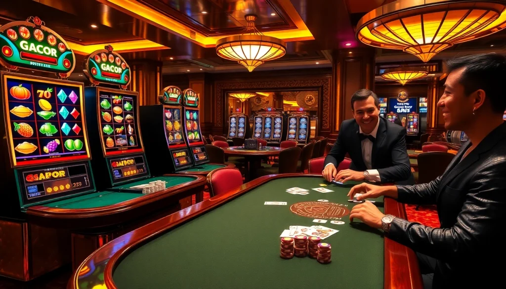 Spin the reels on thrilling Slot Gacor machines surrounded by poker chips and an electrifying casino atmosphere.