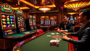 Spin the reels on thrilling Slot Gacor machines surrounded by poker chips and an electrifying casino atmosphere.