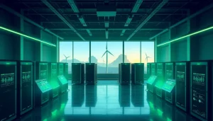 Modern eco-friendly crypto mining site showcasing energy-efficient technology and renewable power sources