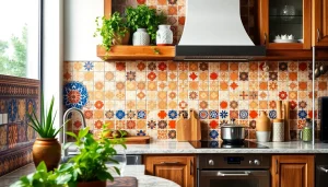 Carreaux Zellige présentant des motifs complexes et des couleurs vives dans une cuisine élégante.