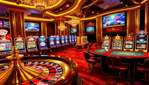 Experience the excitement of พอร์ทเกม F168 with vibrant casino scenes featuring roulette wheels and modern slots.