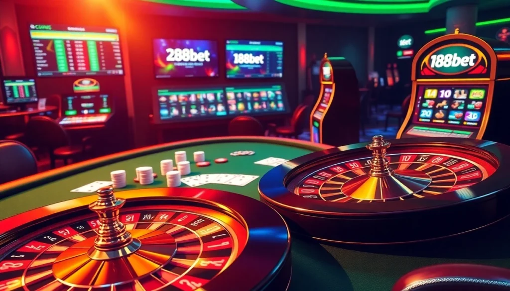 Exciting casino scene with 188bet poker table, roulette wheel, and vibrant online betting interface.