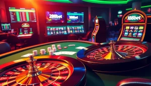 Exciting casino scene with 188bet poker table, roulette wheel, and vibrant online betting interface.