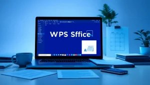 WPS下载 in a modern office workspace featuring WPS Office software on a laptop