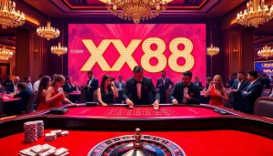 Engaged players at XX88's extravagant Baccarat table enjoy a thrilling gaming atmosphere.