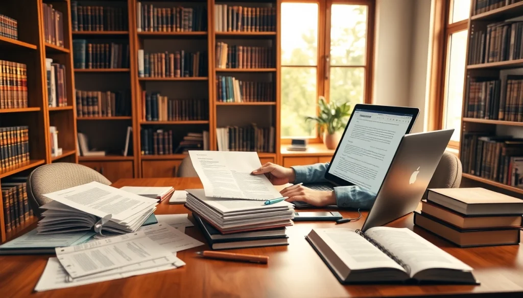 Tradutor juramentado working on legal translations in a professional office setting.