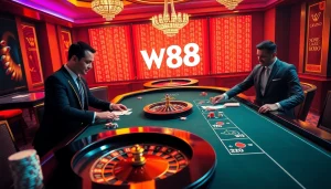 W88 casino gaming table showcasing high-stakes poker action with vibrant colors and professional dealers.