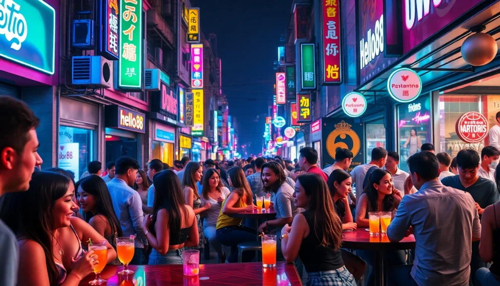 Hello88 nightlife scene with vibrant neon lights and diverse young adults enjoying games and drinks.