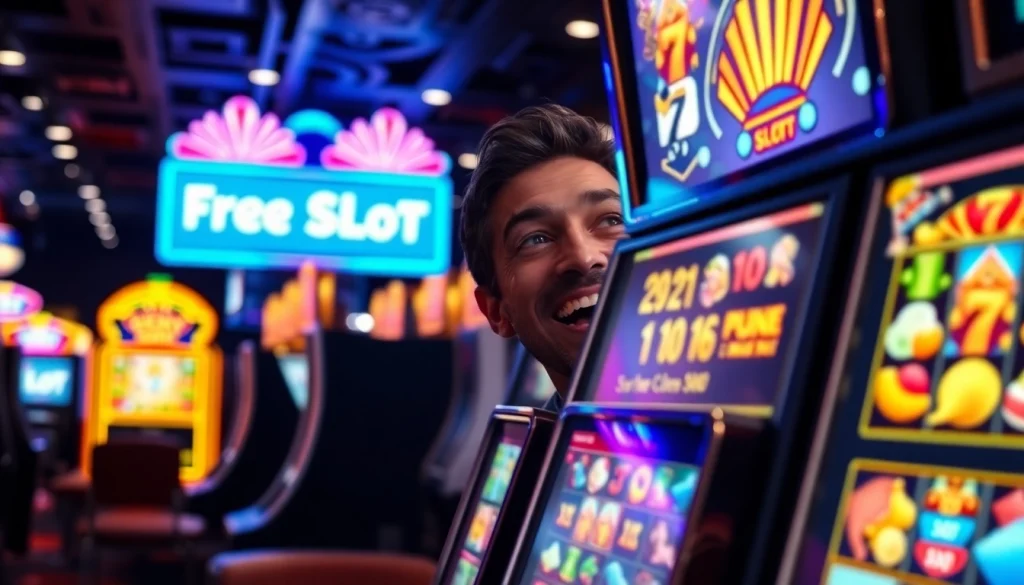 Engaging scene showcasing Free Credit Slot gameplay with vibrant slot machines and excited players.