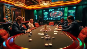 Experience the luxury of gaming at พอร์ทเกม F168 with an elegant poker table setup highlighting thrilling gameplay.