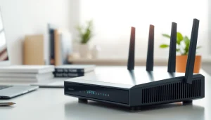 Discovering the best vpn router uk in a sleek home office setup.