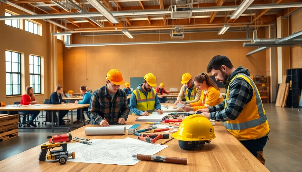 Engaged learners at construction trade schools in texas collaborating on projects in a vibrant training facility.