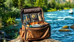 Showcasing a fly fishing bag filled with gear against a serene river backdrop.
