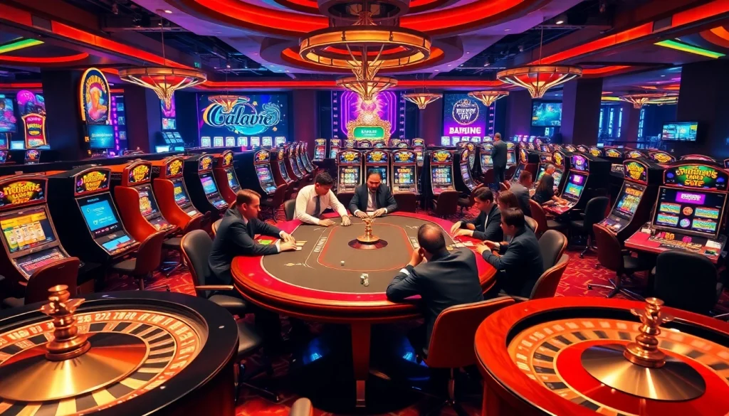 Experience the excitement of gambling at https://79king2.sa.com/ with vibrant casino visuals showcasing poker and slot machines.