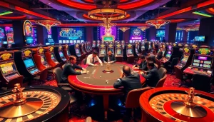 Experience the excitement of gambling at https://79king2.sa.com/ with vibrant casino visuals showcasing poker and slot machines.
