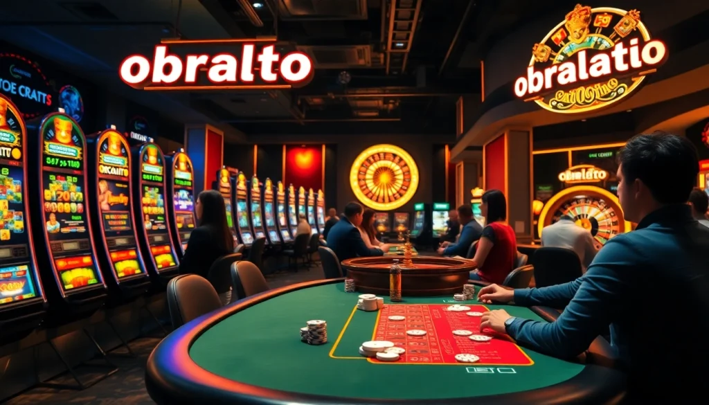 Players enjoying high-stakes poker and slot machines at obraltoto's luxurious casino.