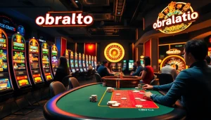 Players enjoying high-stakes poker and slot machines at obraltoto's luxurious casino.