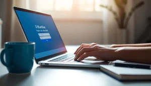 Securely accessing bluevine login on a laptop, with focus on typing and workspace.