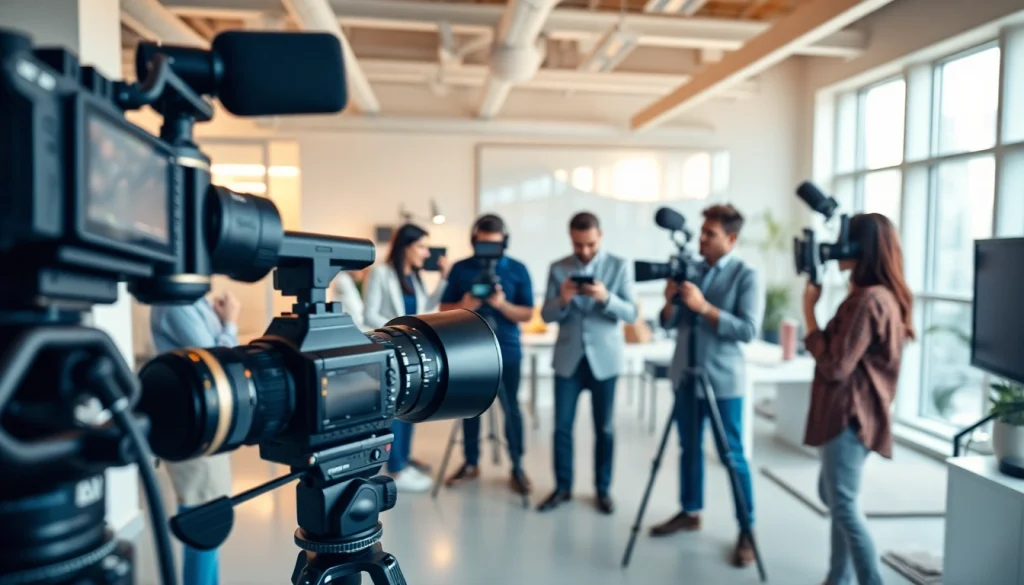 Capture a scene of Corporate Video Production with a creative team collaborating in an office.
