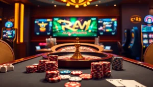 MM88 casino scene with poker table, roulette wheel, and lively ambiance.