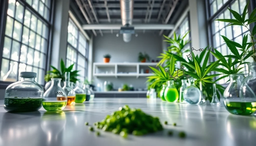 WIN55 synthetic cannabinoid laboratory showcasing vibrant green extracts and chemical models in a professional setting.