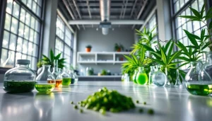 WIN55 synthetic cannabinoid laboratory showcasing vibrant green extracts and chemical models in a professional setting.