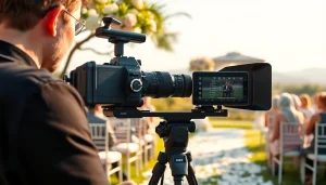Videographer capturing a wedding ceremony with natural lighting at an outdoor venue.