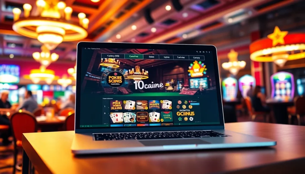 Engaging online gaming setup representing Canada casinos online with a modern laptop and vibrant casino backdrop.