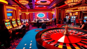 Gambling excitement at new 66 casino, featuring players at poker tables and a vibrant roulette wheel.
