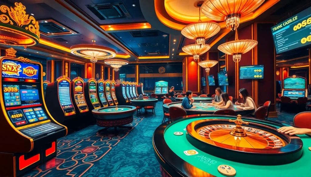 Exciting gameplay experience at Trang chủ MM88 with vibrant slot machines and roulette tables.