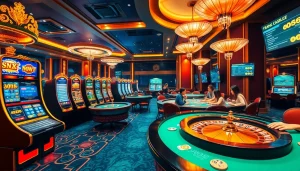 Exciting gameplay experience at Trang chủ MM88 with vibrant slot machines and roulette tables.