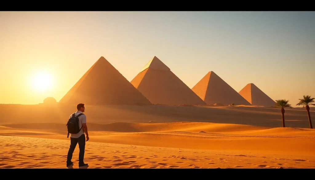 Pyraminds towering majestically against a sunset sky, inspiring awe and adventure.