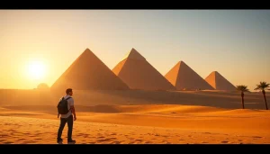 Pyraminds towering majestically against a sunset sky, inspiring awe and adventure.