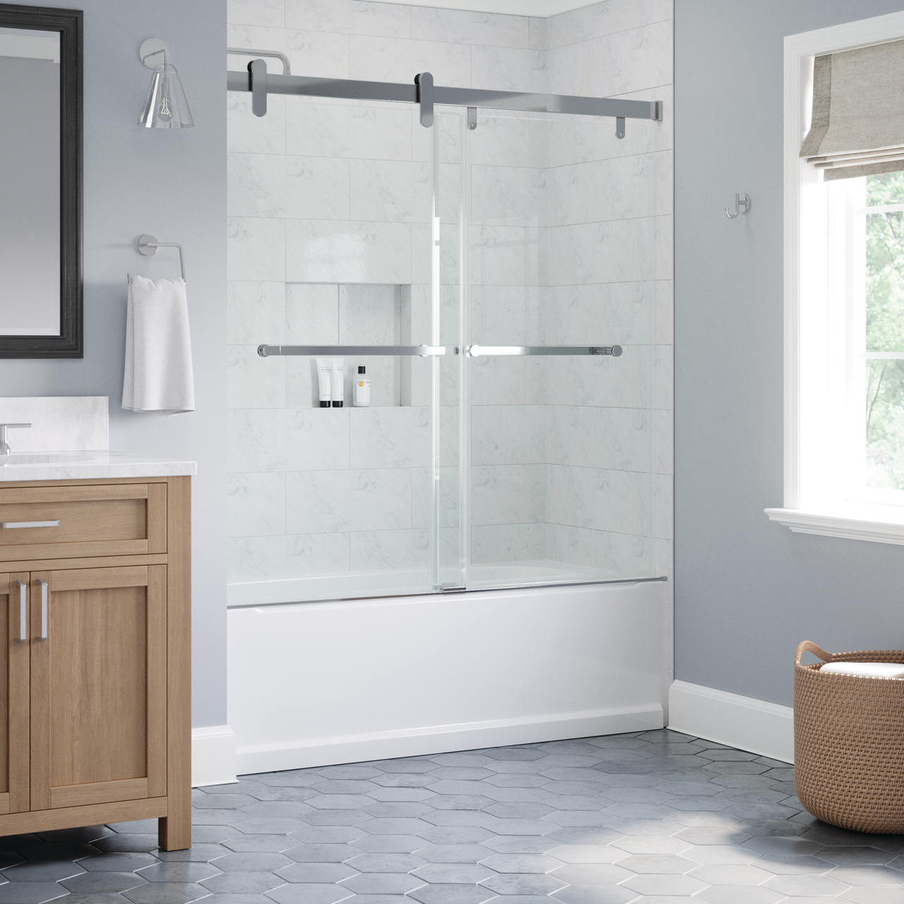 Minimalist Bathroom Designs With Sliding Shower Doors