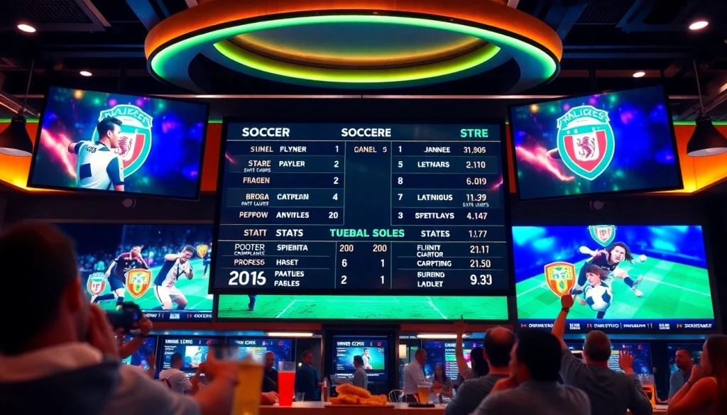 Live scoreboard showing บ้านผลบอลสด, enhancing the excitement of soccer fans in a vibrant sports bar.