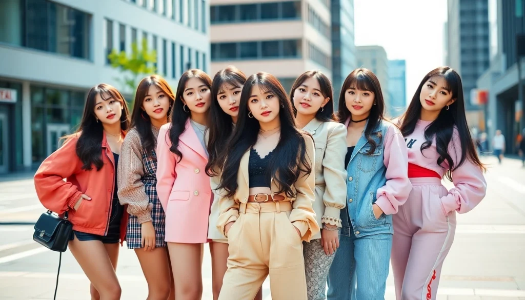 blackpink members pose confidently in a vibrant urban setting, showcasing their unique styles.